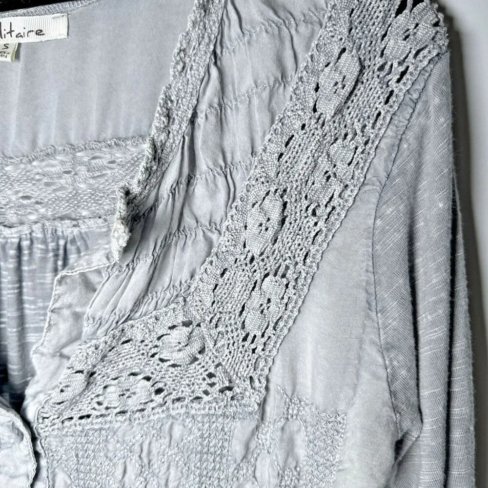 Solitaire Blouse Small Gray Crochet Lace‎ Embroidered Rayon Boho Peasant Top